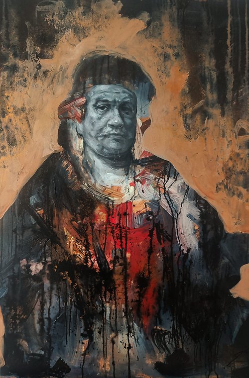 Self-Portrait with Two Circles (after Rembrandt) - Mixed Media on Canvas - 100cm x 80cm