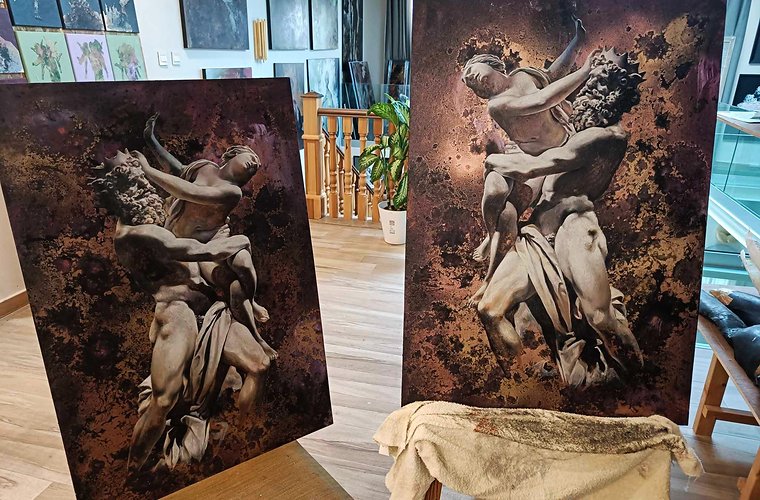 The Abduction of the Sabines (after Bernini) - Mixed Media on Panel