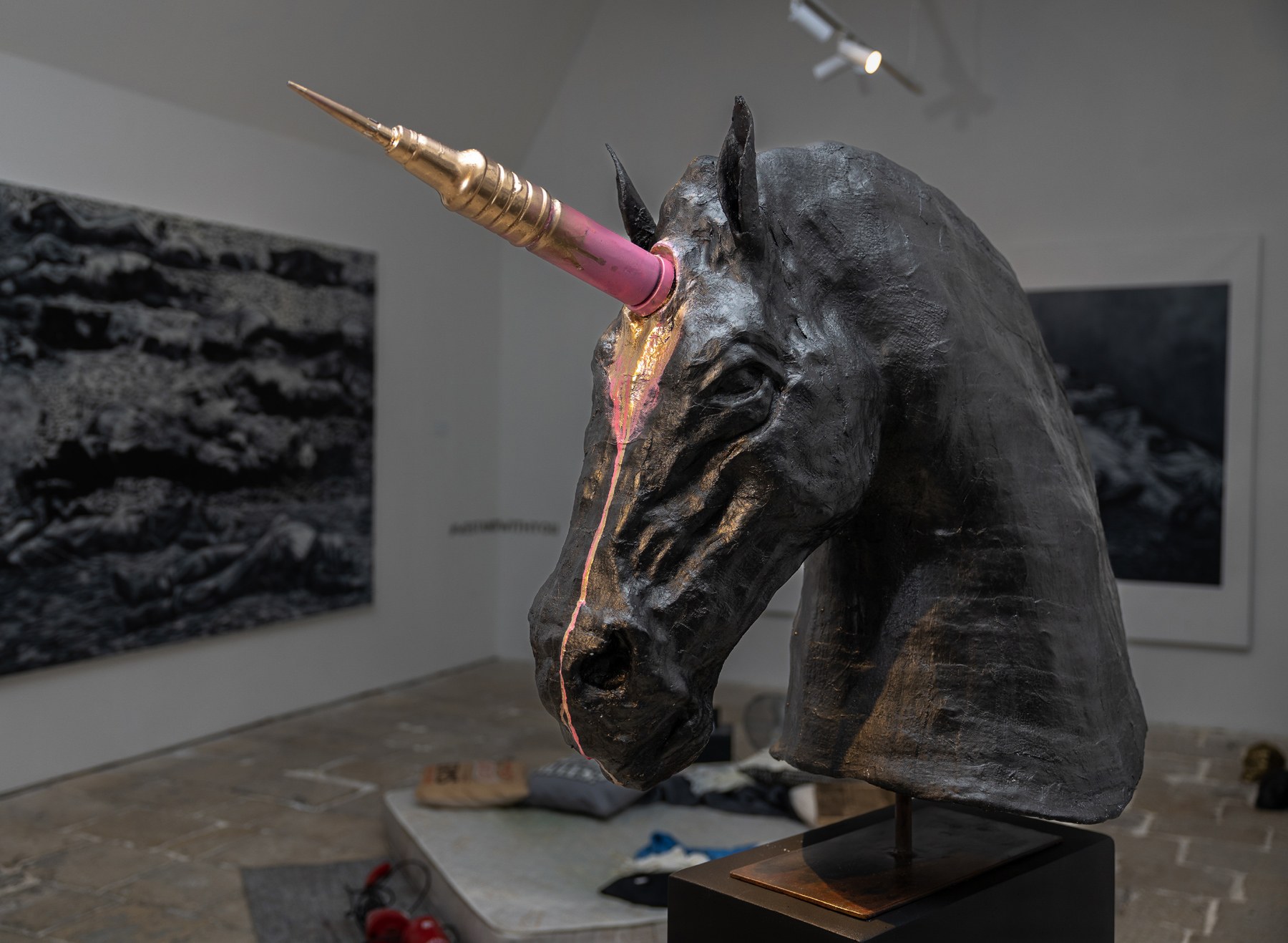 The Unicorn and the Golden Missle - Plaster, Gauze, Aerosol Paints, Plastic and Indian Ink - 2022